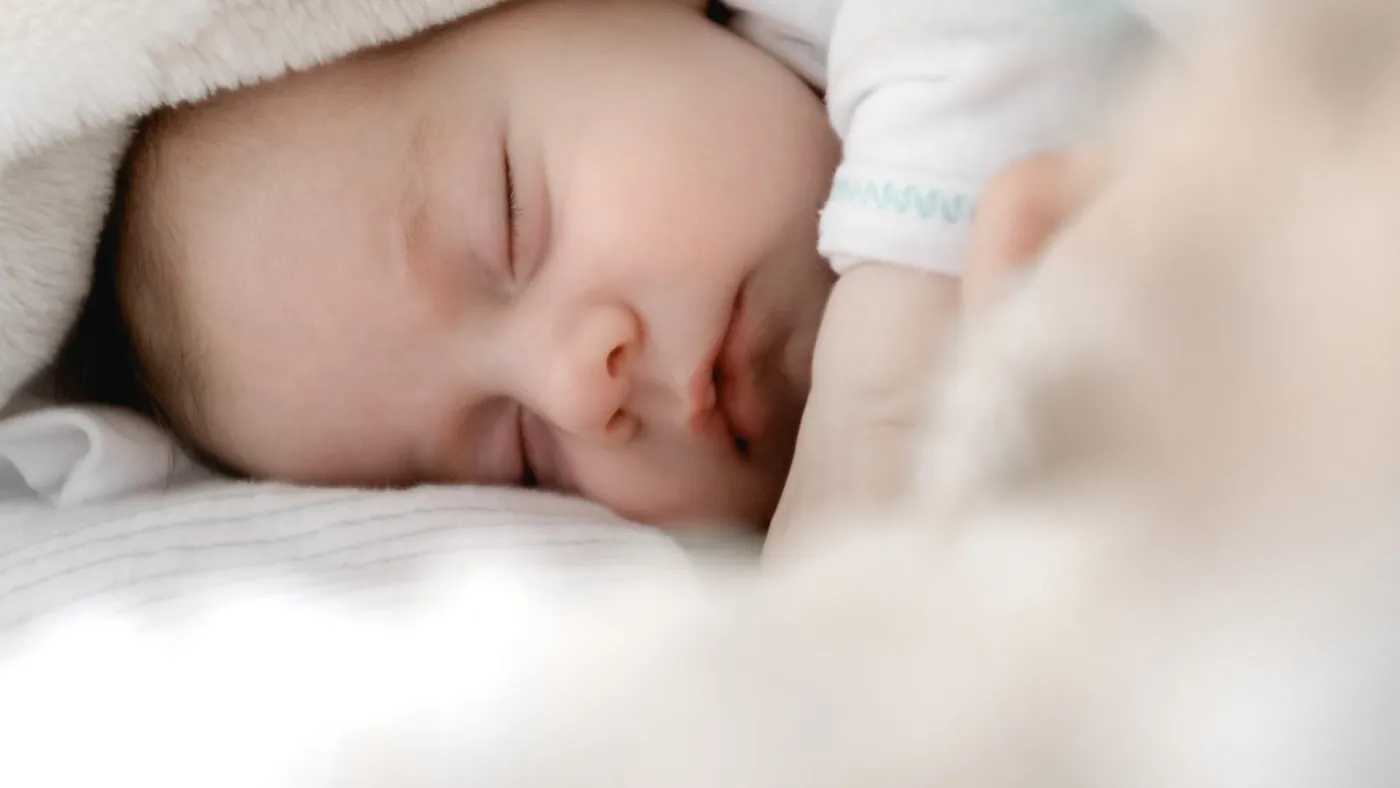 Peacefully sleeping baby nestled in a soft white blanket